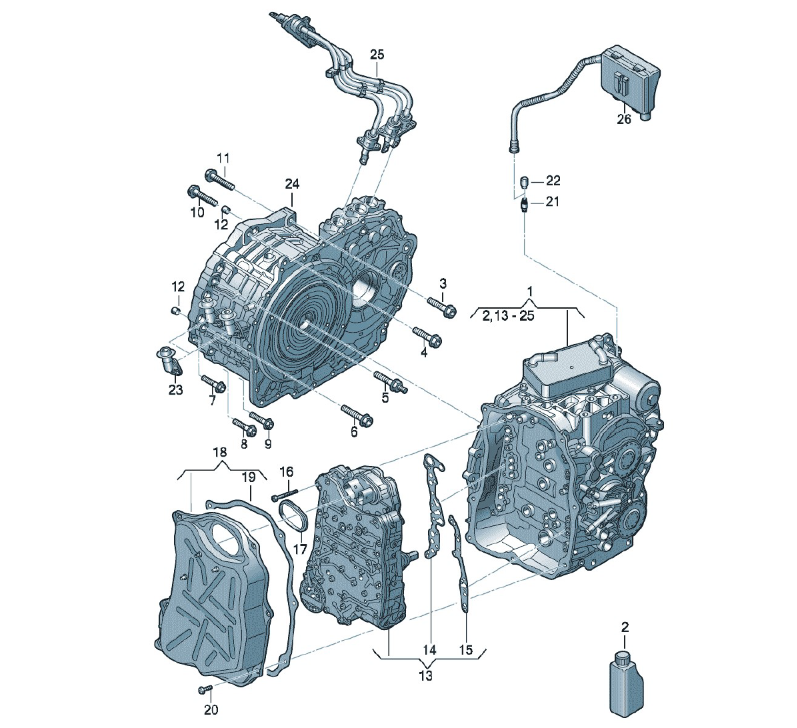 Our CAD drawing here shows the parts affected by the vehicles gearbox malfunction, which related to the error message P288400 Engine Disconnection Clutch Stuck Open